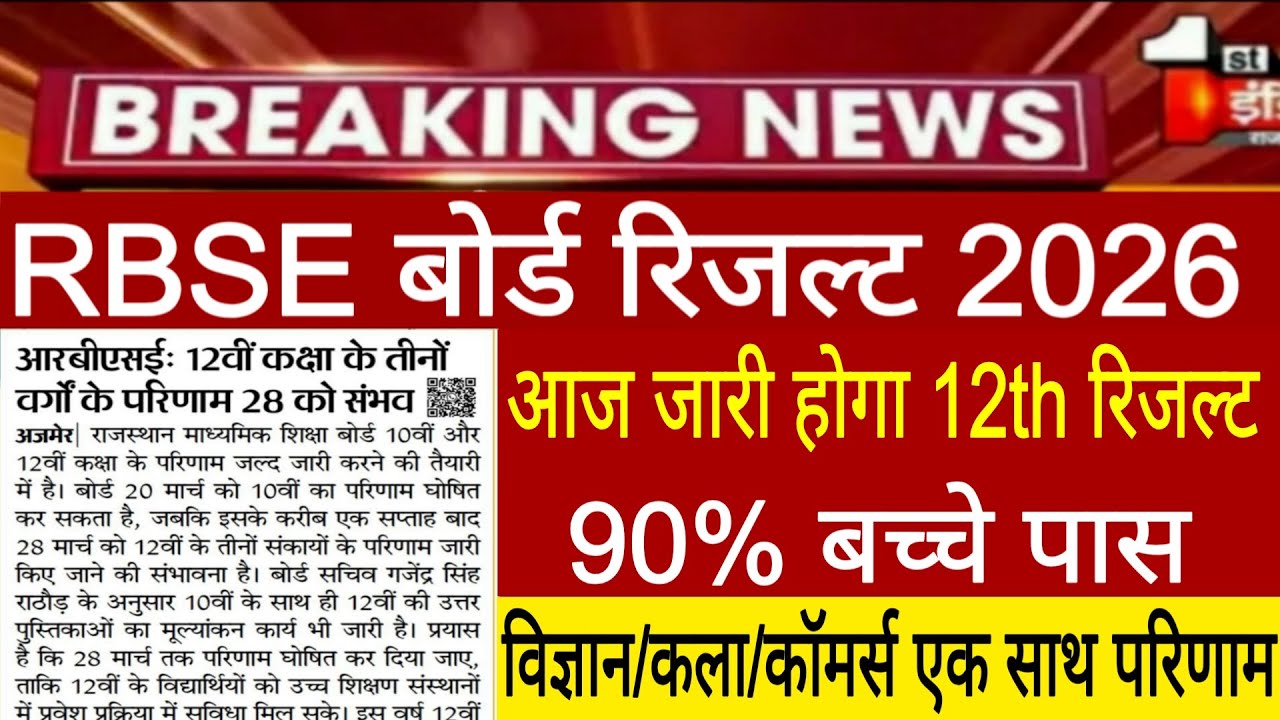 Rajasthan board class 12th result 2026/Rbse 12th result 2026/Rbse 10th 12th result date news today