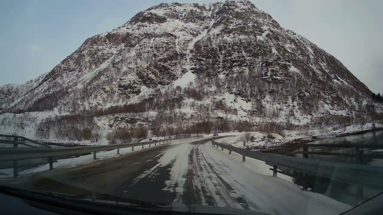 Driving in Winter NORWAY. From Svolvær to Laukvika, Lofoten Islands