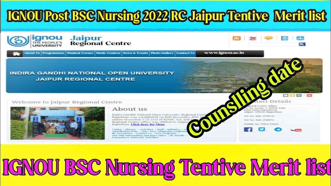IGNOU BSC NURSING Admission 2022 : ignou post bsc nursing merit list 2022 RC Jaipur  @nkbyadwal