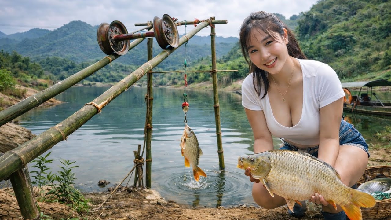 Beautiful Girl Builds Smart Pulley Fish Trap – Catching Huge Carp in the Wild!