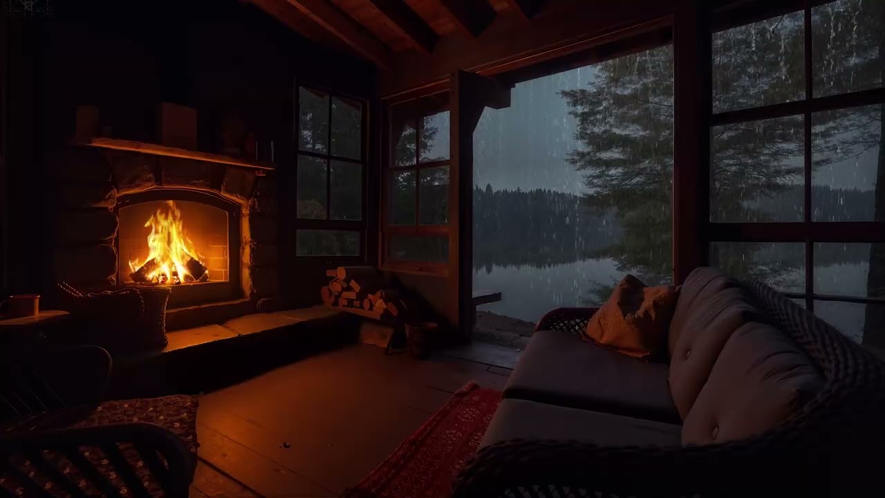 Sitting by the Cabin Fire with Rain Falls | Cozy Night Ambience for Calm