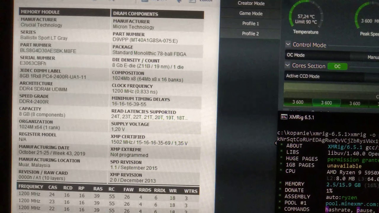 Ryzen 9 5950x monero mining xmr 16kH/s  wow Crucial (2 x 8GB) 3000MHz CL 15 Ballistix Spor LT 161W