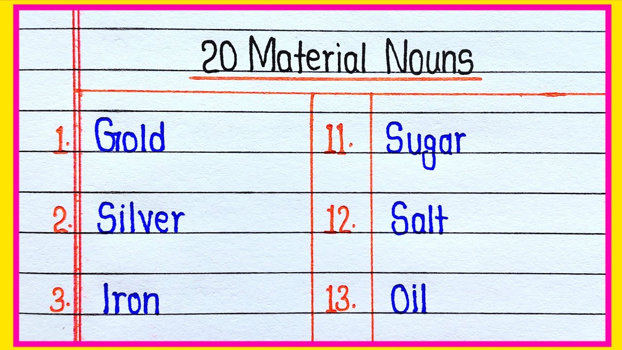 20 Material Noun Sentences || List of Material Nouns || Examples of Material Nouns 