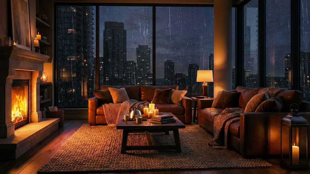 Late Night Rain & Crackling Fireplace | Cozy City Apartment Ambience for Deep Sleep