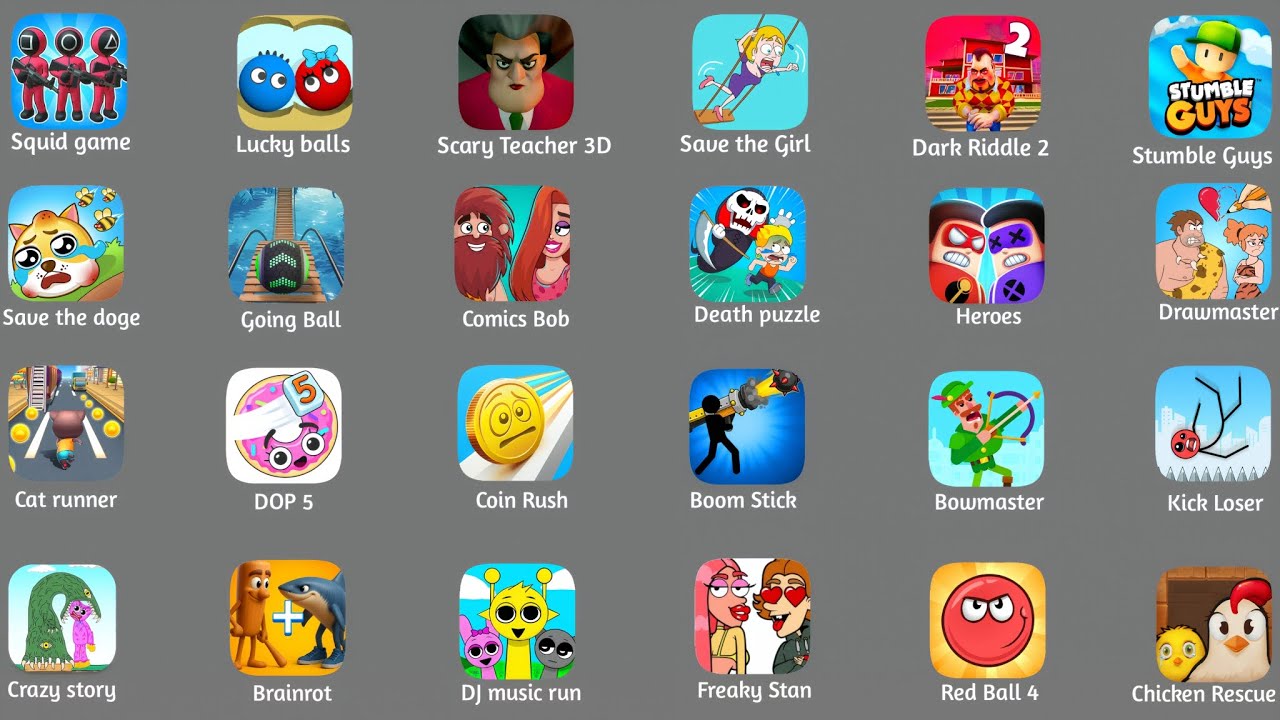 Grimace Monster Scary Survival, Squid game craft 456, Death puzzle, Chicken Rescue,Red Ball 4, Kick 