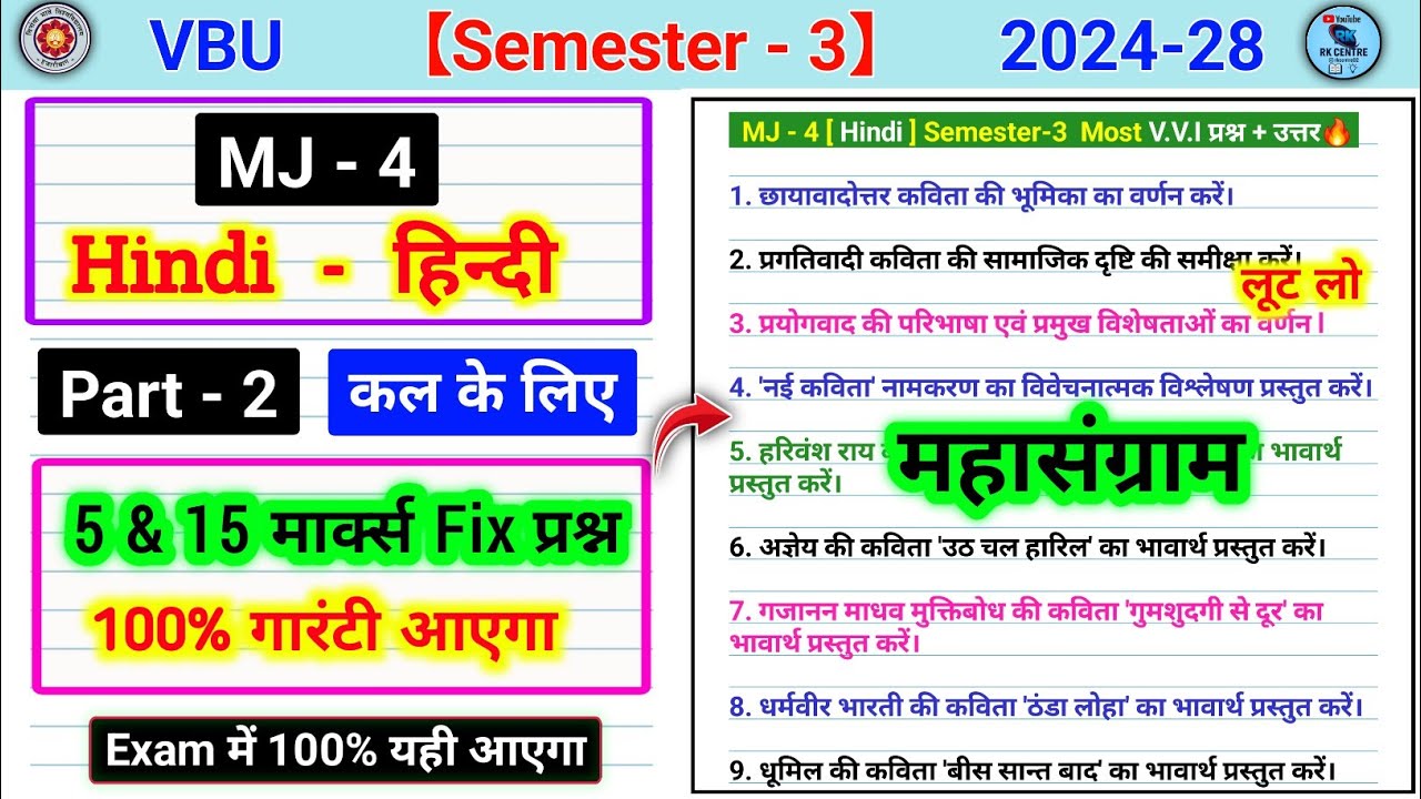 MJ 4 Hindi Sem 3 Important Questions | Explain the significance of post-Chhayavaad poetry | MJ4 H...