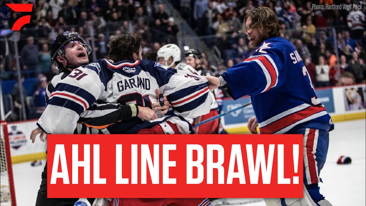 AHL Line Brawl: Rochester Americans And Hartford Wolf Pack Throw Down, Ref Stops Goalie Fight