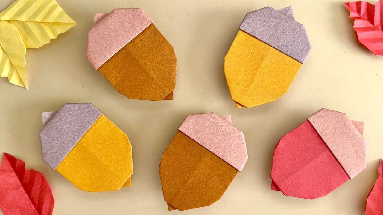 【秋の折り紙】簡単！どんぐりの折り方 Origami How to make a Easy Acorn Paper Craft DIY 可愛い 쉬운 가을 도토리 종이 접기 折纸 橡子 Autumn