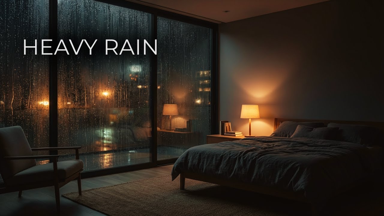 Heavy Rain Sounds on Window at Night | Dark Cozy Bedroom (No Music)