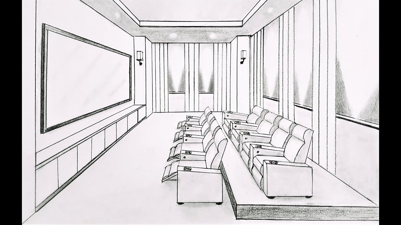 How to draw a room in one point perspective, home theatre