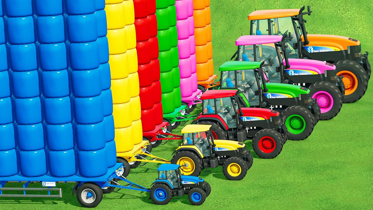 LOAD &TRANSPORT COLORED SILAGE BALE with MINI & BIG TRACTOR & FLATBED TRAILER! FS 22