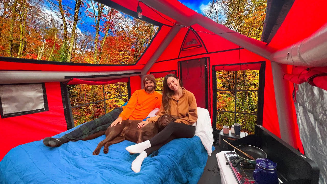 Cozy Fall Camping In Inflatable Cabin (Heavy Rain Storm)