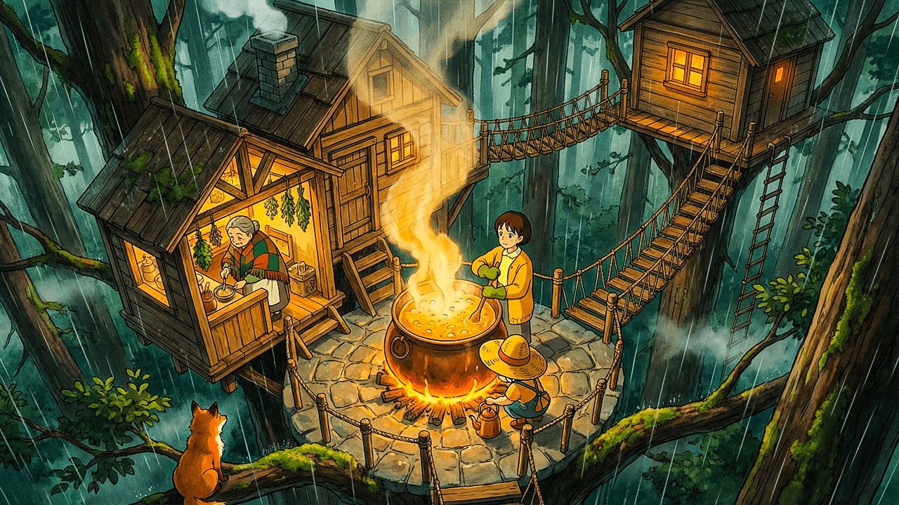 Living in a Hidden Treehouse Village | Rainy Days, Hot Soup & Forest Whispers 🌲 | Ghibli Style Video