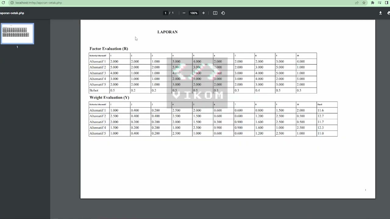 Program Metode Multifactor Evaluation Process (MFEP) Berbasis WEB + Excel