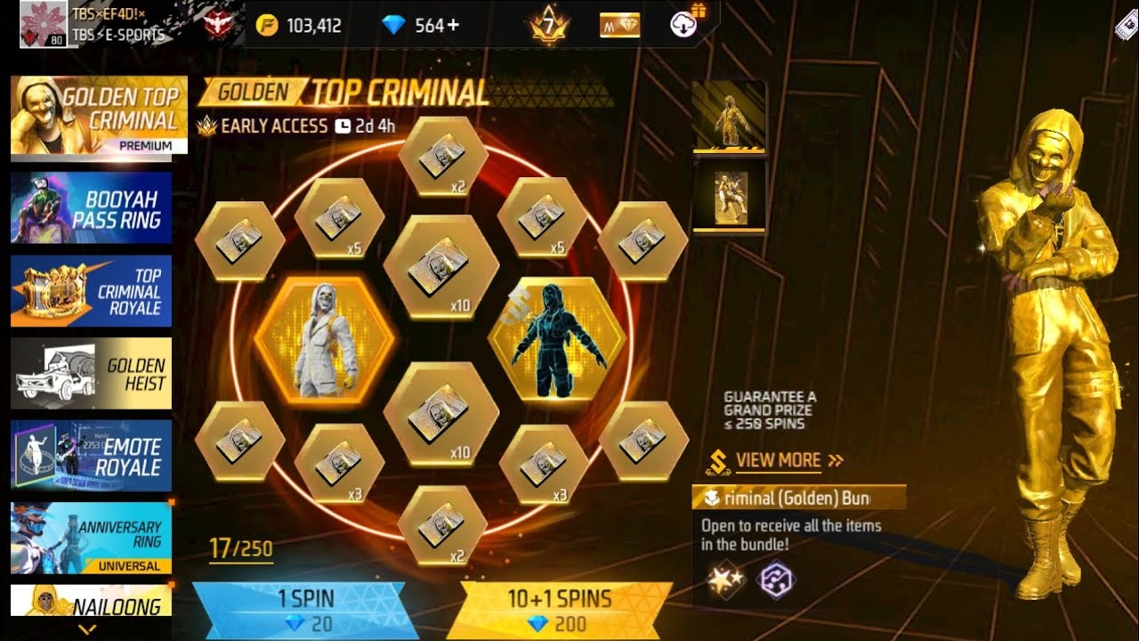 Golden Top Criminal Ring Event | Unlock Golden Criminal Bundle | Event | Free Fire New event 🙀