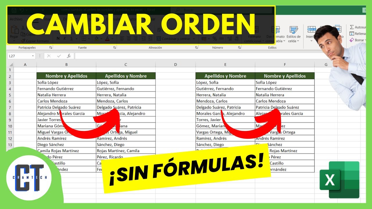 Como Cambiar el Orden de Nombre y Apellidos en Excel