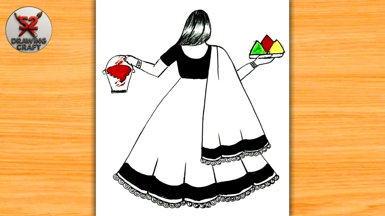 Holi Drawing video | Holi drawing for kids simple | How to draw traditional girl celebrating