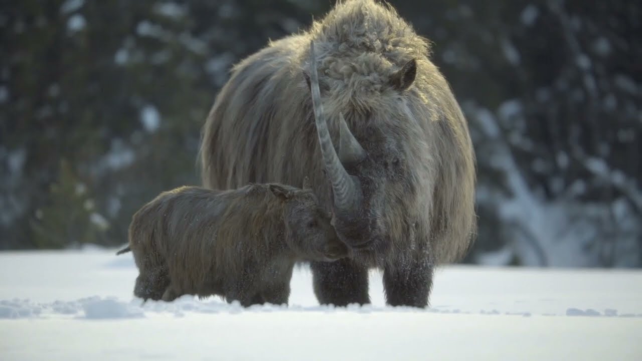 Prehistoric planet Ice Age elder Coelodonta (Woolly rhinoceros) Vs Homotherium Latidens 