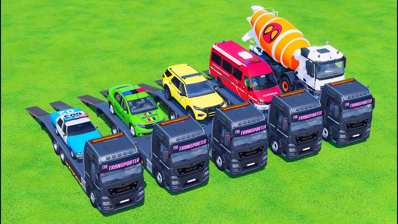 TRANSPORTING POLICE CARS - MAN TRUCK, CHEVROLET,DACIA,FORD,MERCEDES,MIXER TRUCK - FS 22 Galaxy Farm
