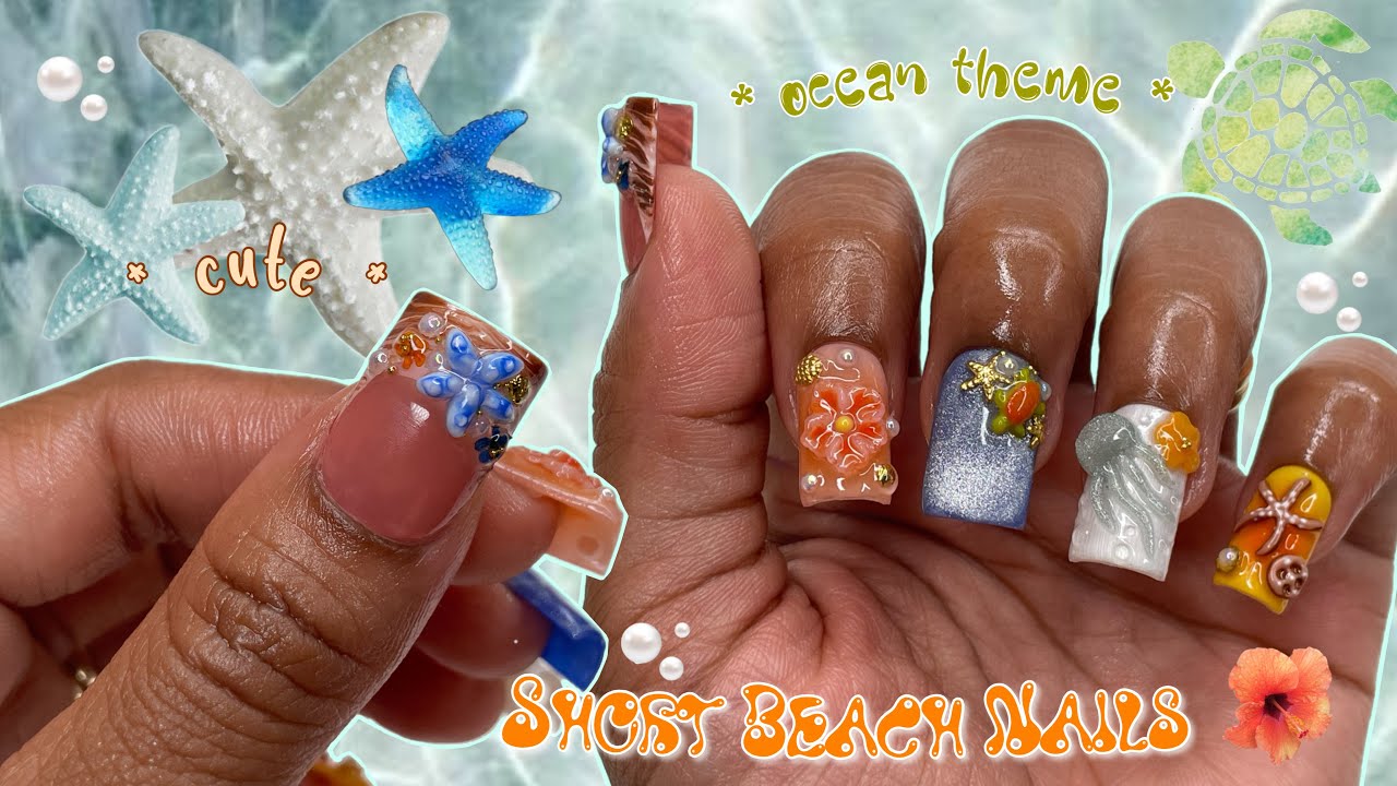 Short Summer beach nails 🏝️🌊🐚🐢🪼 | 3d starfish, jellyfish and turtle nail art| #beachvibes #nails