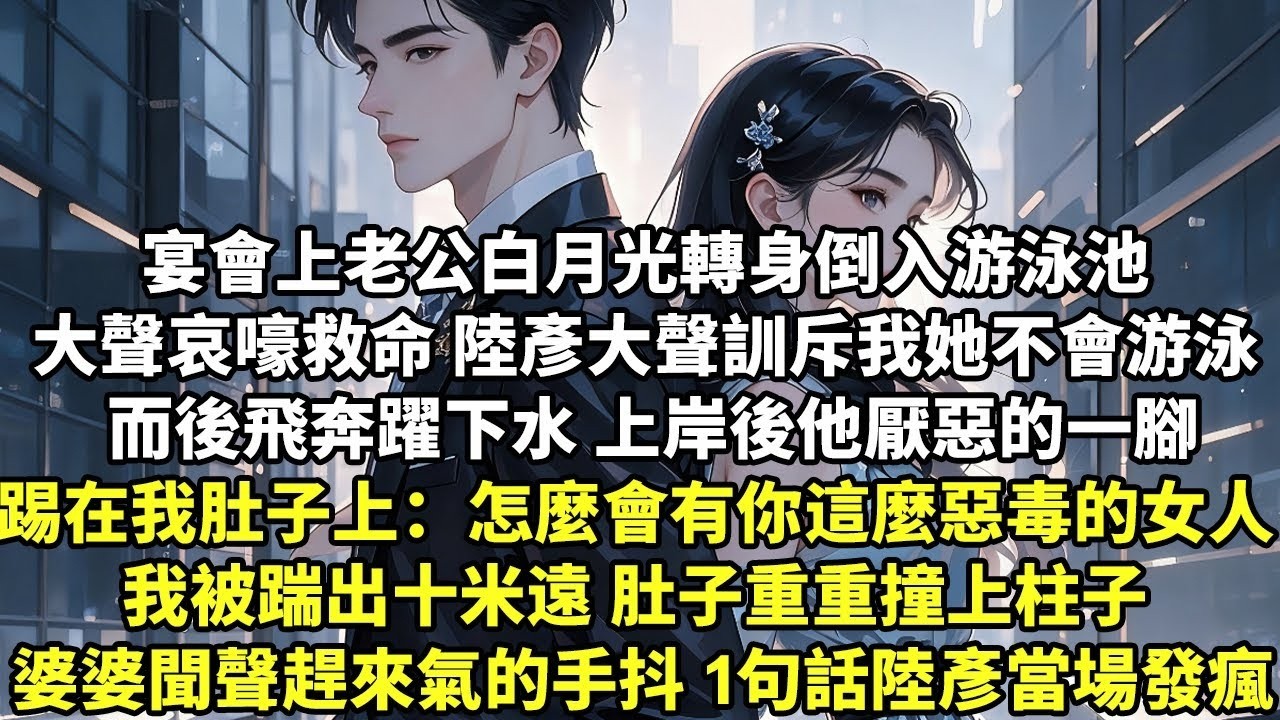 宴會上老公白月光轉身倒入游泳池 大聲哀嚎救命 陸彥大聲訓斥我 飛奔躍下水 上岸後他一腳踢在我肚子上：怎麼會有你這麼惡毒的女人 我被踹出十米遠 肚子重重撞上柱子 婆婆趕來氣的手發抖 1句話【言情