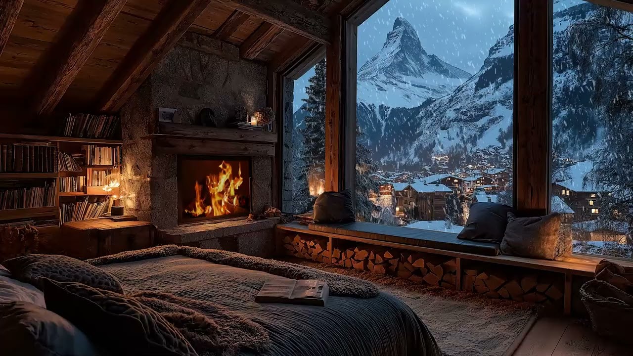 Peaceful Cabin Ambience with Fire Crackling and Snow Falling Outside for Study, Focus and Calm