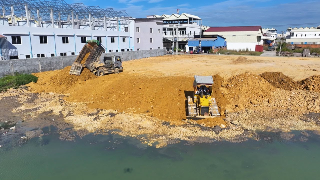 Amazing New Project Excellent Filling on Lake by Dozer Komatsu D30P & Dump 5Ton truck