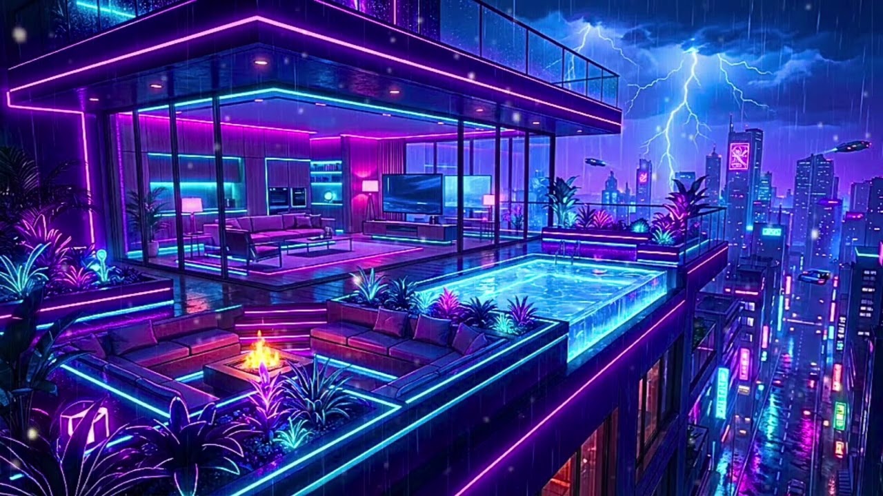 Neon Cozy Balcony 🌧️ Deep Focus Lofi for Night Study & Work ☔️ Rainy City Vibes