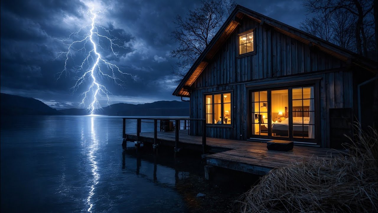 Heavy Rain on a Lakeside Cabin for Sleeping | Calm Night Ambience rain