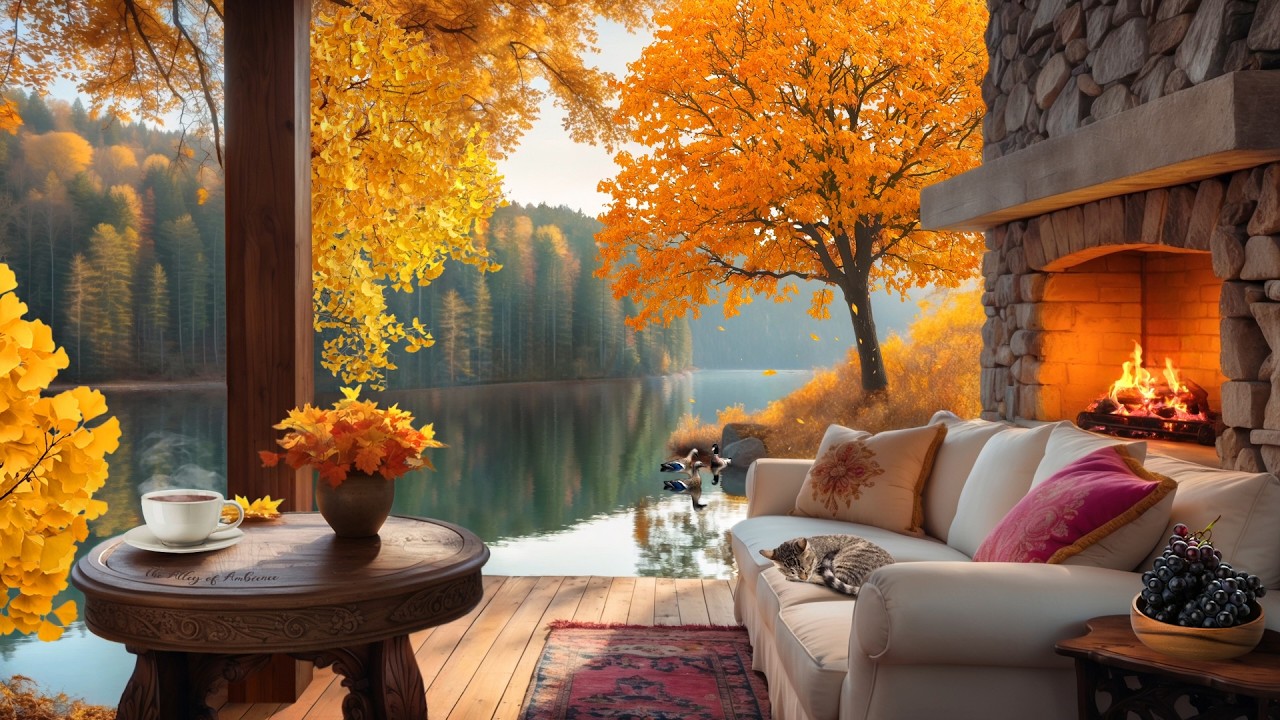 Cozy Autumn Porch by the Lake with Relaxing Fireplace, Forest Birdsong & Fall Ambience