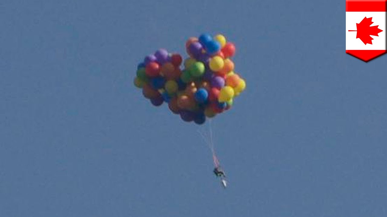 Podniebny marketing: mężczyzna przywiązuje balony do krzesła i lata nad Kanadą