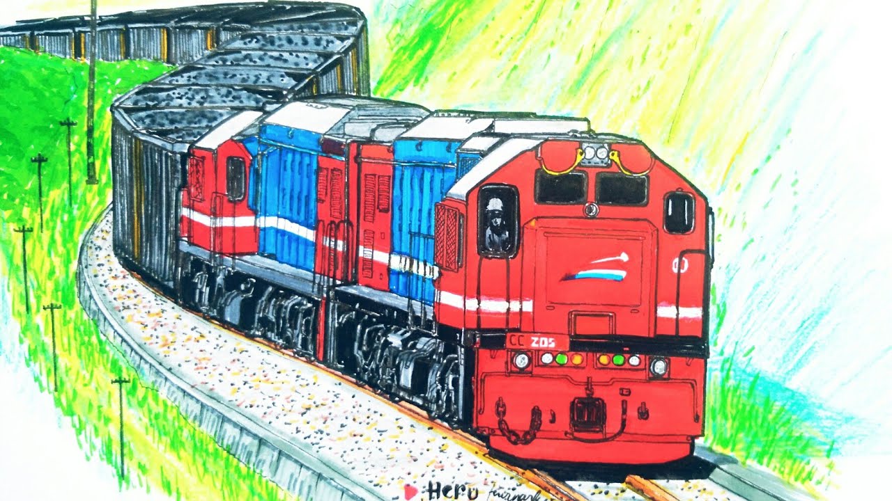 KERETA API TERPANJANG DI INDONESIA,CC205,cara menggambar Kereta Api,kereta api Batubara(Babaranjang)