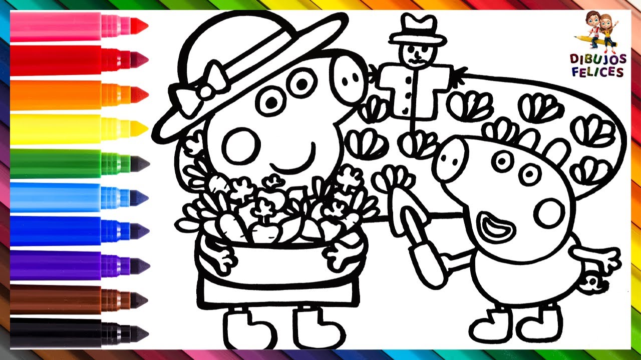 Dibuja y Colorea A Peppa Pig Y George Pig En El Jardín 🐷🥕🌈 Dibujos Para Niños