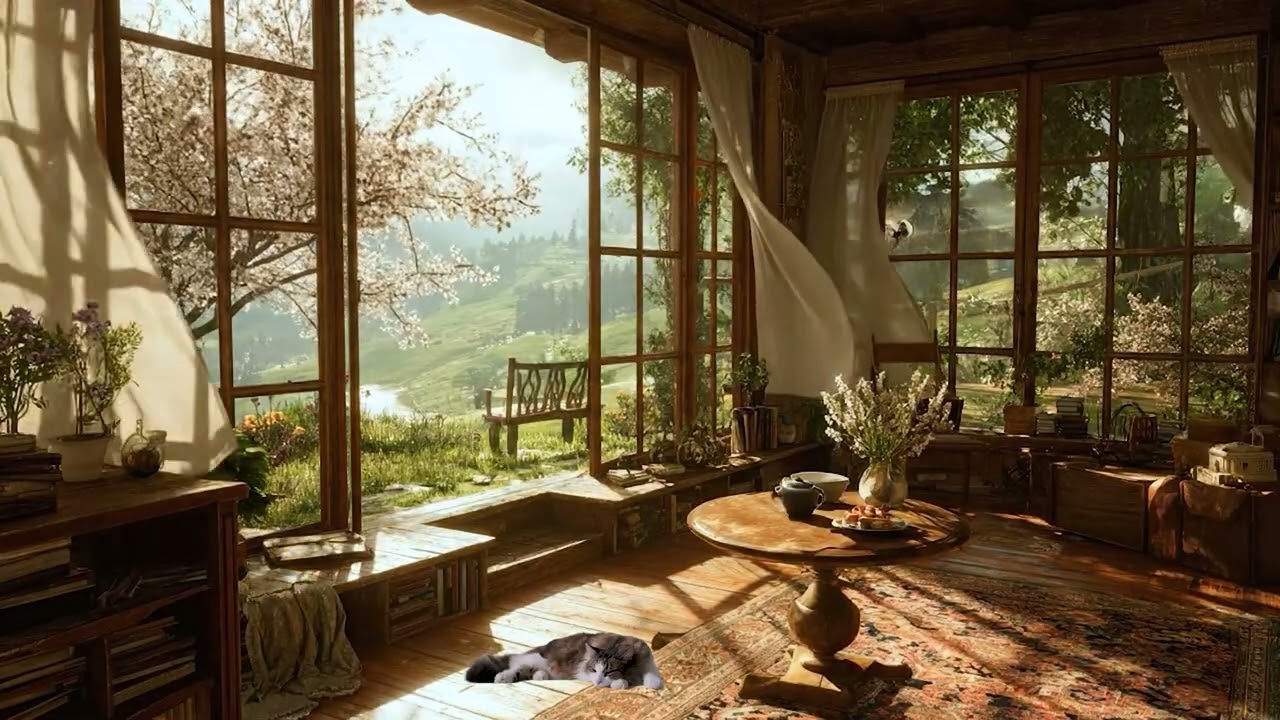 Birdsong and Sunlight Stream into  Rustic Wooden House Overlooking The Flower-Filled Valley.