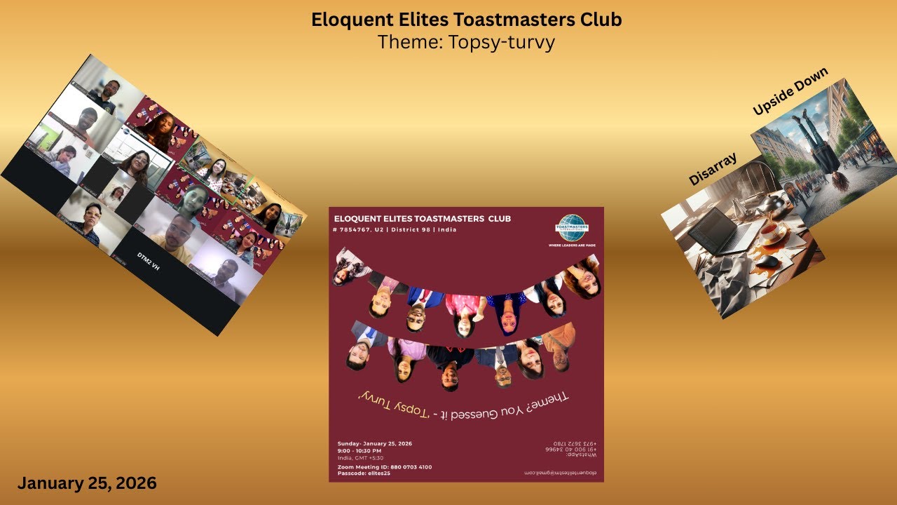 Eloquent Elites Toastmasters Meeting #98, January 25, 2029