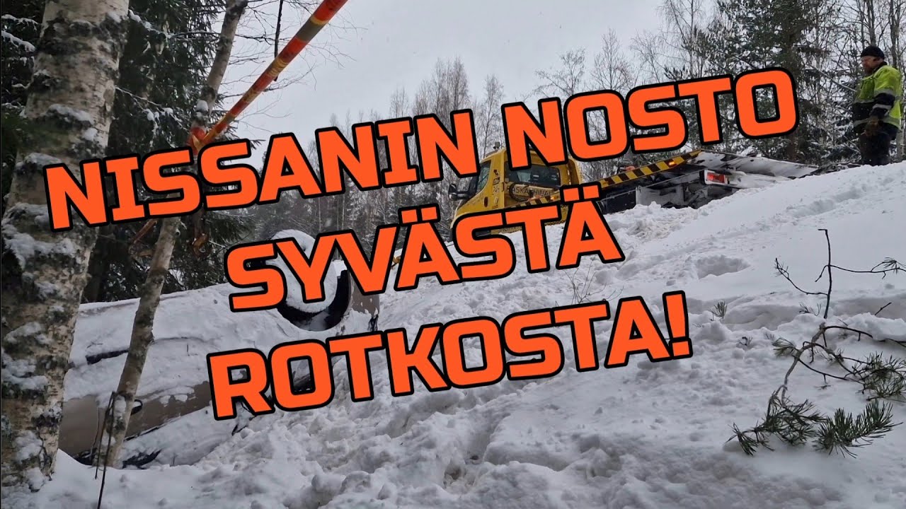 Romuttuneen nissanin nosto syvästä rotkosta! - Car towing recovery from deep ravine
