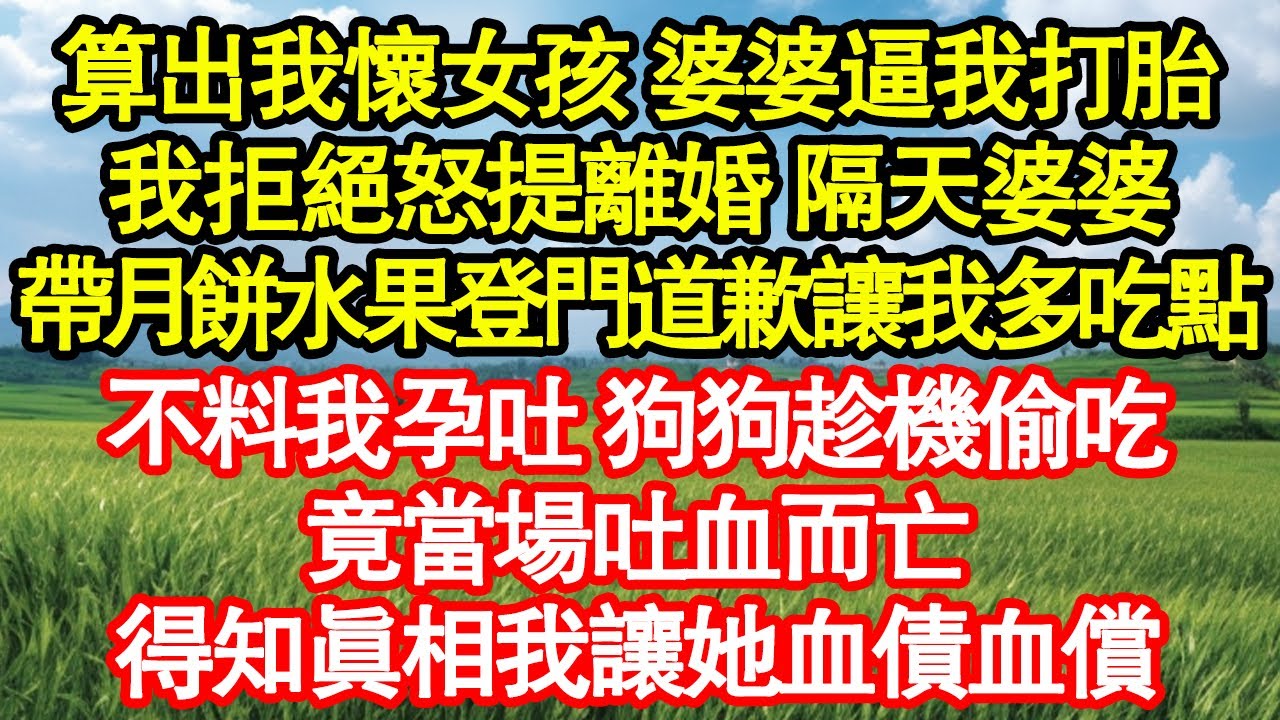 算出我懷女孩 婆婆逼我打胎，我拒絕怒提離婚 隔天婆婆，帶月餅水果登門道歉讓我多吃點，不料我孕吐 狗狗趁機偷吃，竟當場吐血而亡，得知真相我讓她血債血償真情故事會||老年故事||情感需求||愛情||家庭