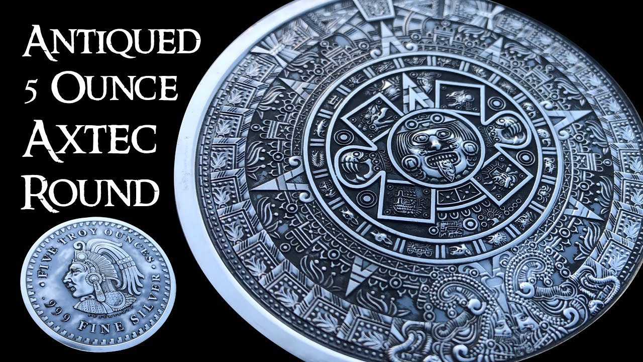 Antiqued 5 Ounce Aztec Calendar Silver Round