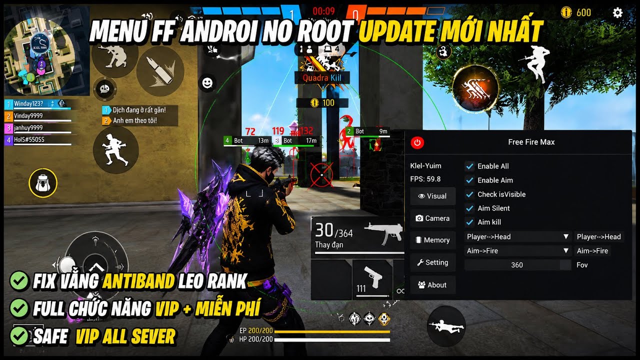 Hack FF OB54 | Mod Menu Aimkill Aimbot Định Vị Android No Root Si&ecirc;u Vip|Full Chức Năng Leo Rank Safe