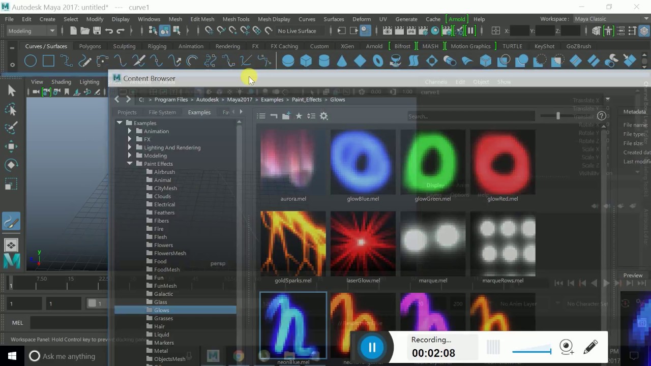Apply paint effect on curve in Autodesk Maya 2017