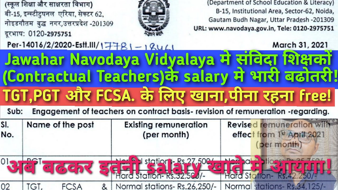 Salary/remuneration to Contractual teachers(TGT/PGT/FCSA) in JNV/NVS!