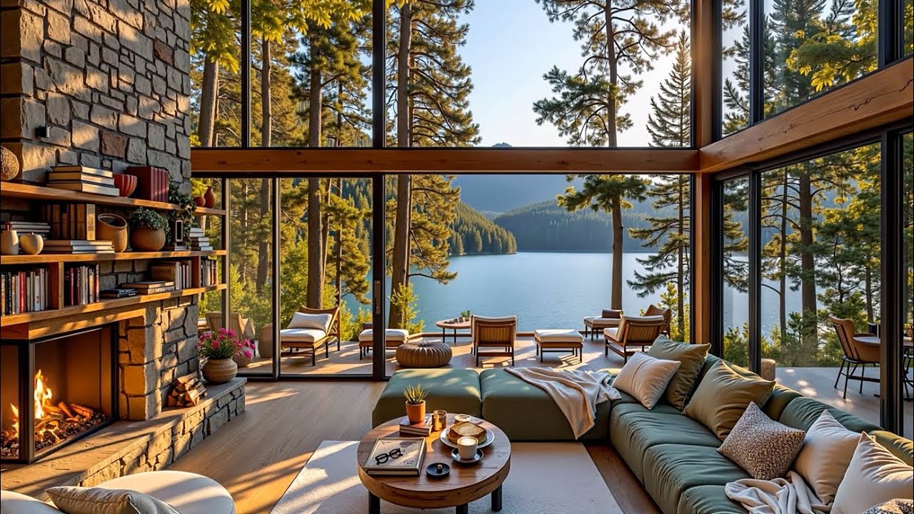 Relax Indoors with Lake Views ☀️ Smooth Jazz, Fireplace Glow & Coffee for Reading Calmly