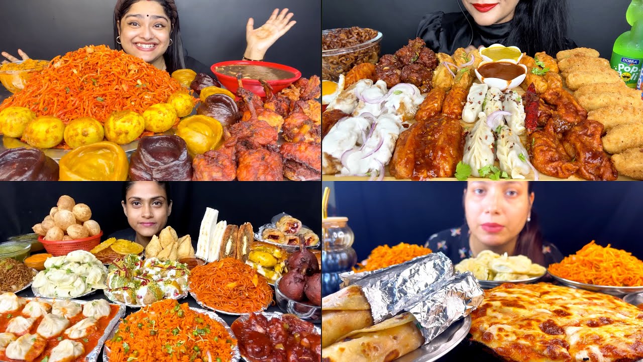 Asmr:Eating Spicy Schezwan Noodles,Chicken Momo,Panipuri,Roll,Pizza,Samosa🔥