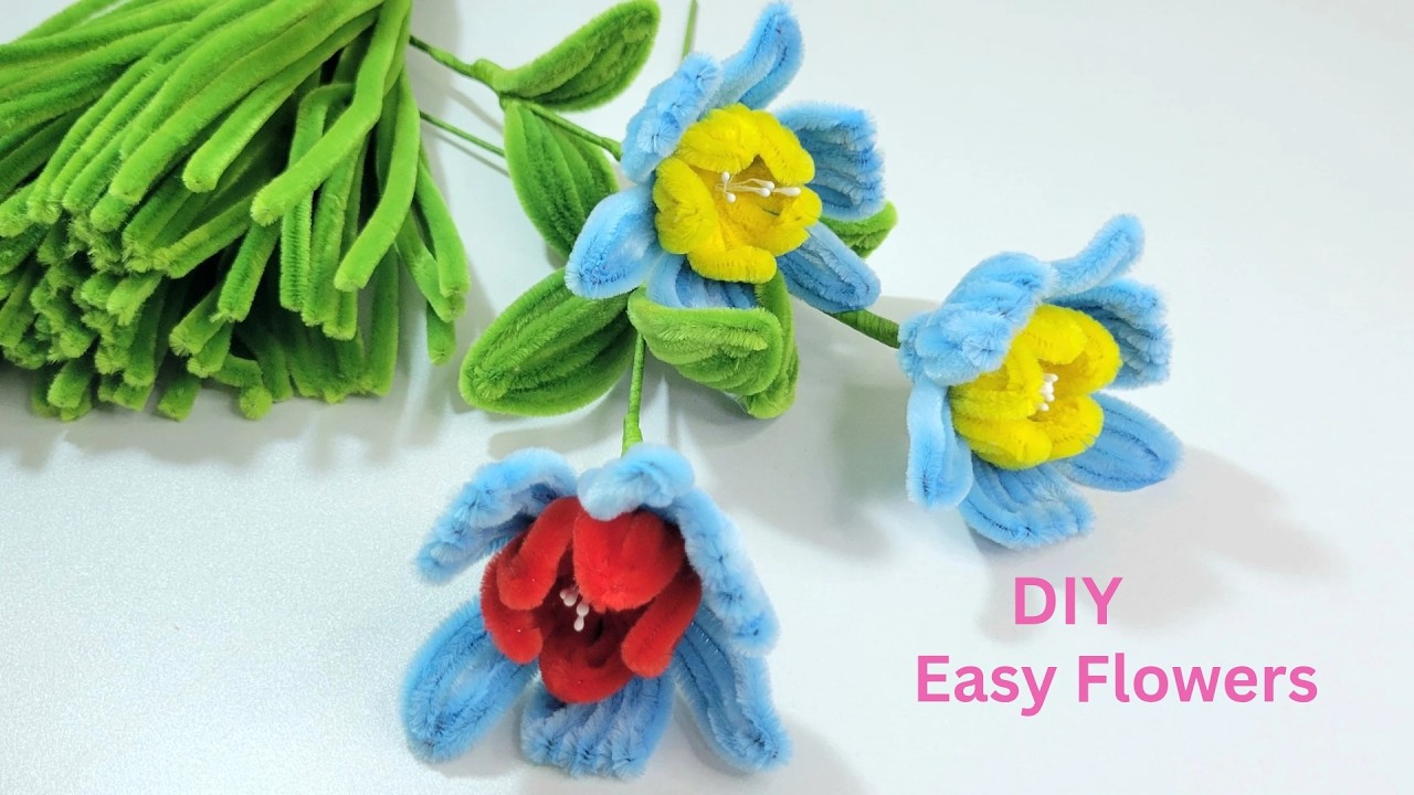 DIY Pipe Cleaner Easy to Make Beautiful Flowers 🌼 | Blue, Red & Yellow Chenille Easy Flowers 🌼