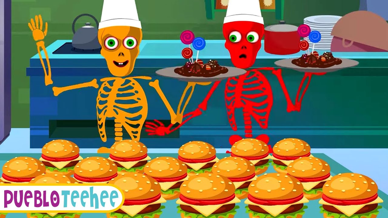 Canciones de Halloween - Esqueletos espeluznantes comiendo hamburguesas 🍔💀| Pueblo Teehee