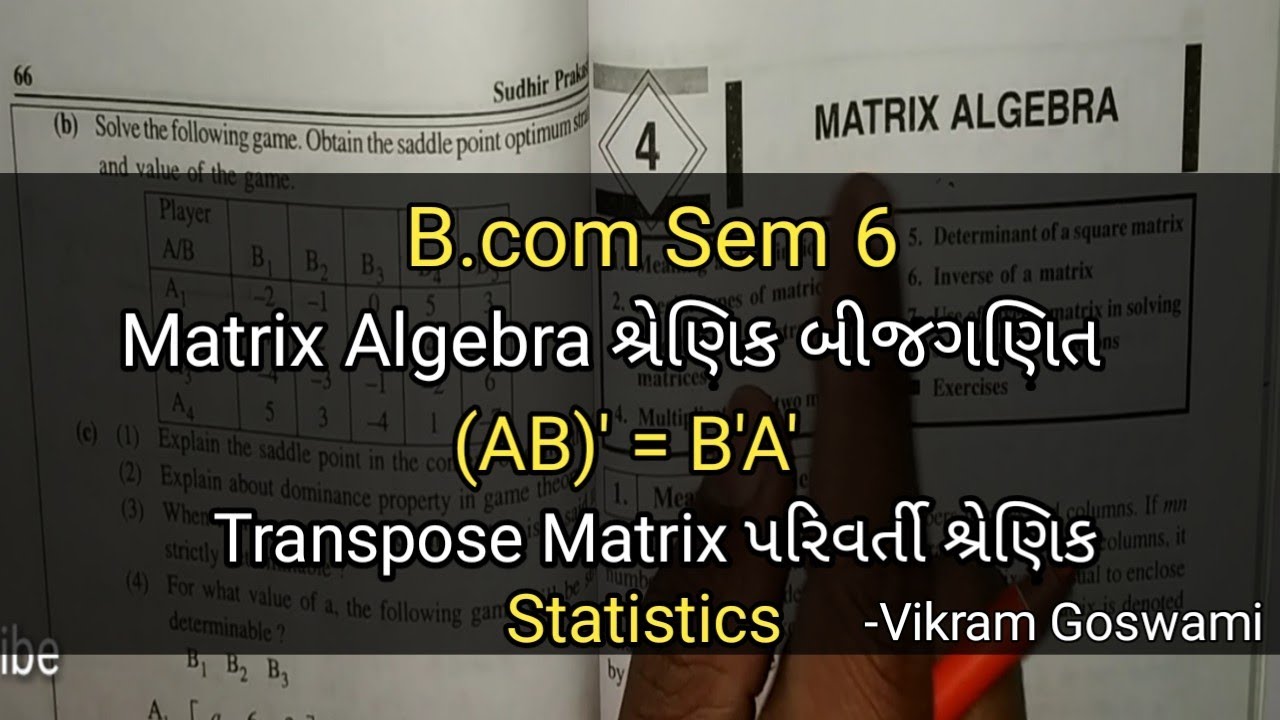 #3 Matrix Algebra શ્રેણિક બીજગણિત | (AB)' = B'A' | Transpose Matrix | B.com Sem 6 | Statistics