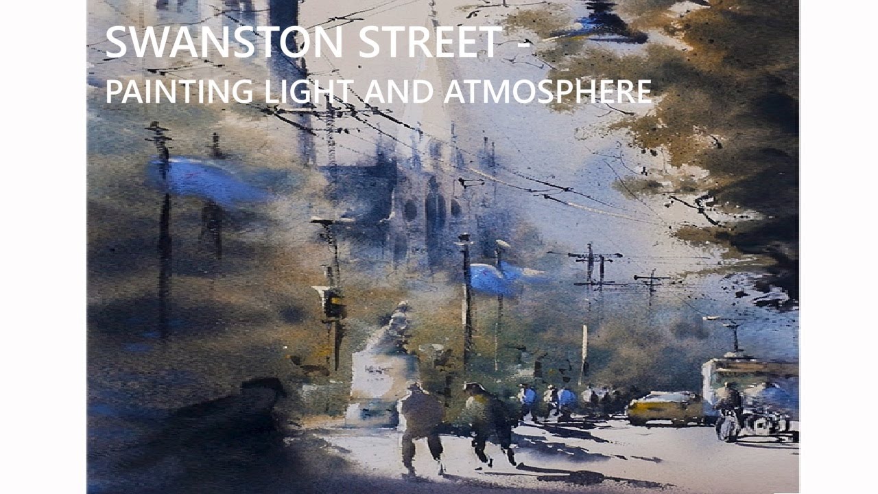 Loose Watercolor Painting Streetscape Architecture with People, Cars, Shadows