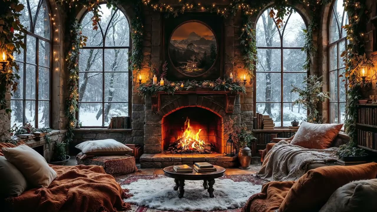 🧣 Cold Outside, Warm Inside — A Cozy Winter Atmosphere 🔥 Fireplace & Snowy  Ambience for Relaxing