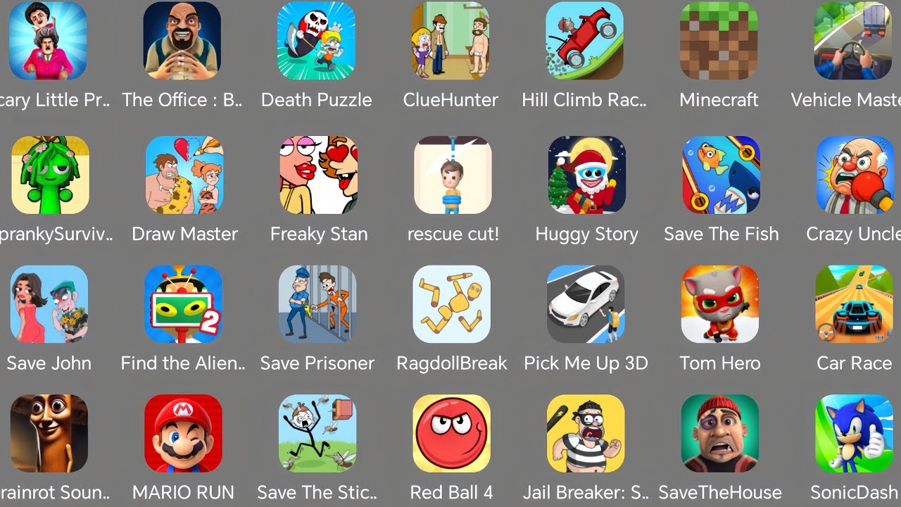 Roblox,Kick the body,Spranky Survival,Death Puzzle,Freaky Stan,Huggy Story,Red Ball 4,Minecraft