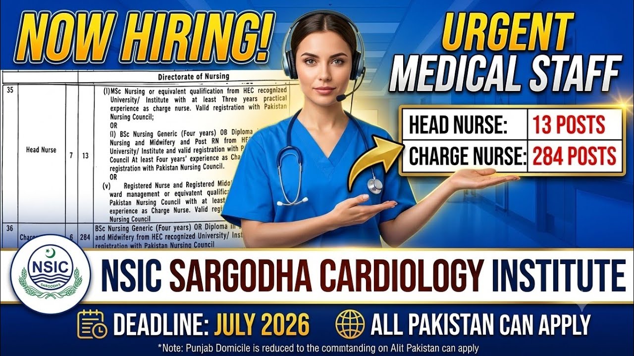 Nawaz Sharif Institute of Cardiology NSIC Sargodha Jobs 2026 | Charge Nurse & Head Nurse Jobs 2026